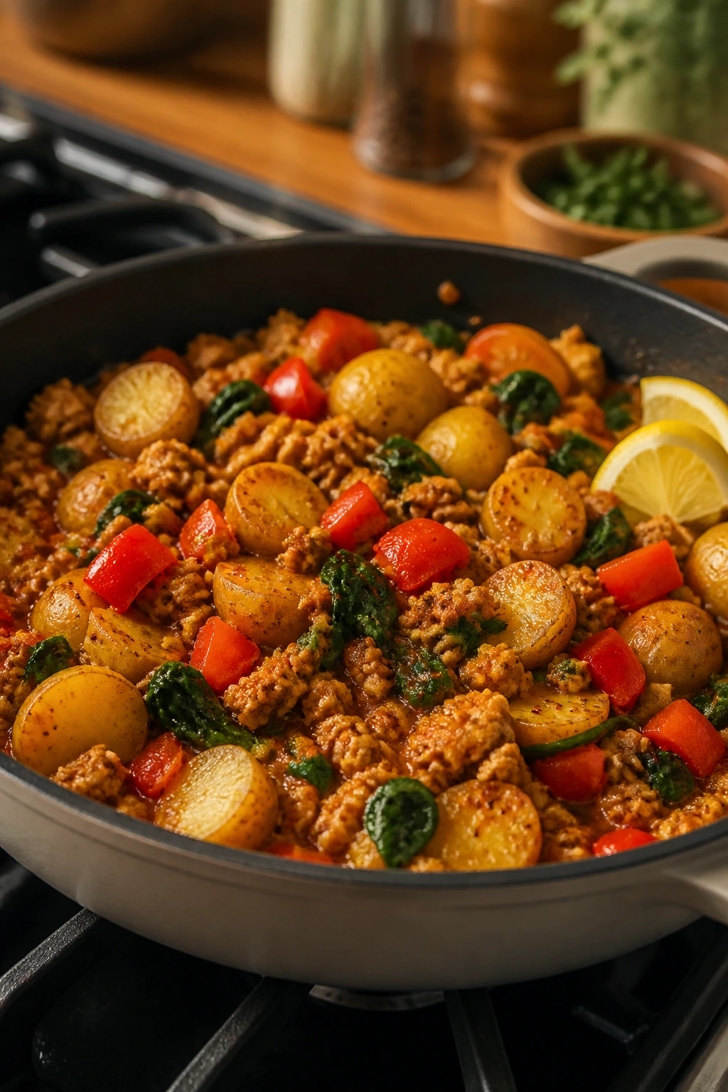 Close-up of crispy turkey skillet with potatoes, peppers, and spinach in glossy mustard-tomato sauce.