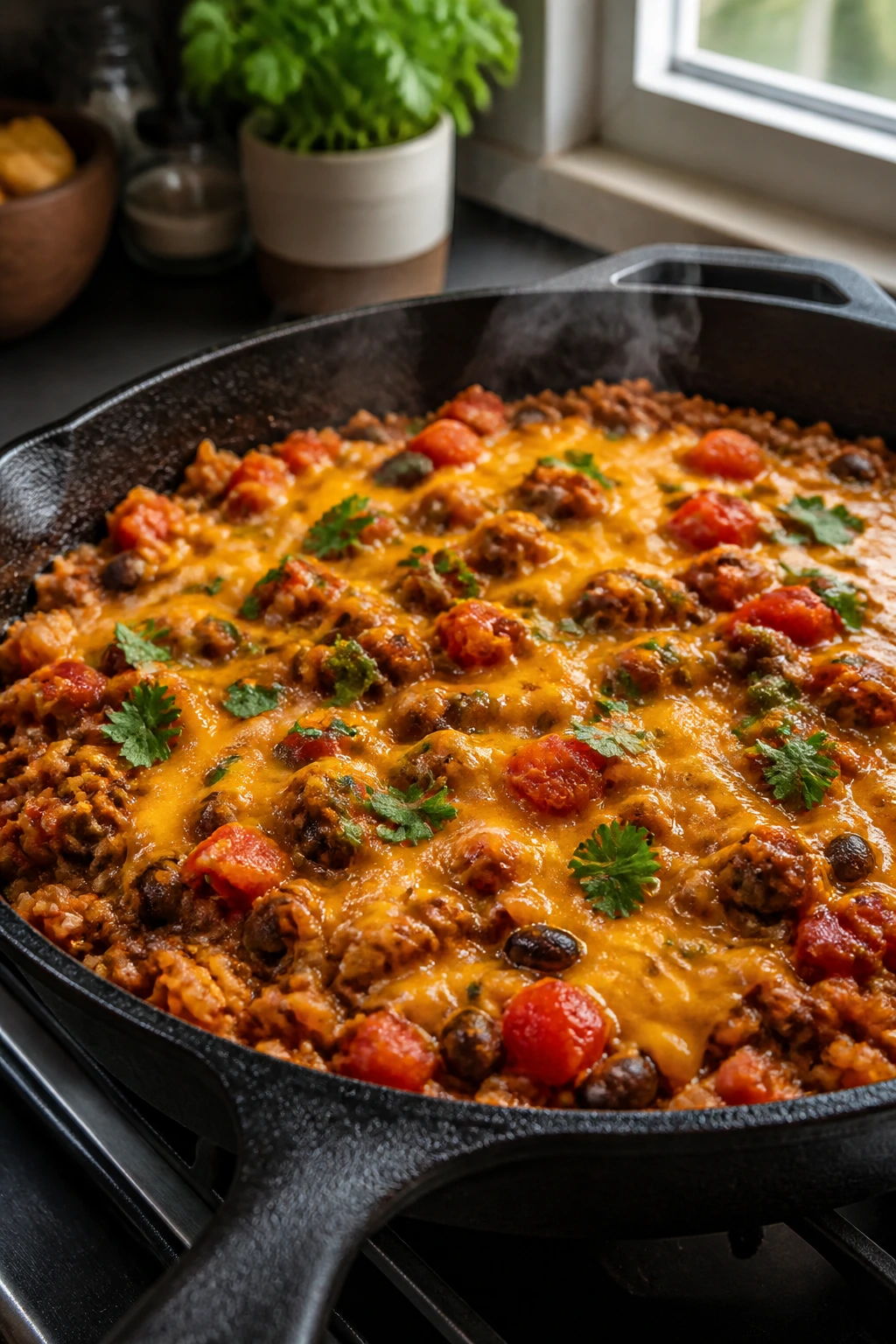 Medium close-up of turkey taco rice skillet in a cast-iron pan