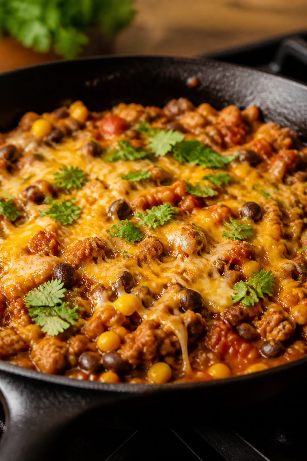 Skillet with turkey taco mixture and beans in a cozy kitchen