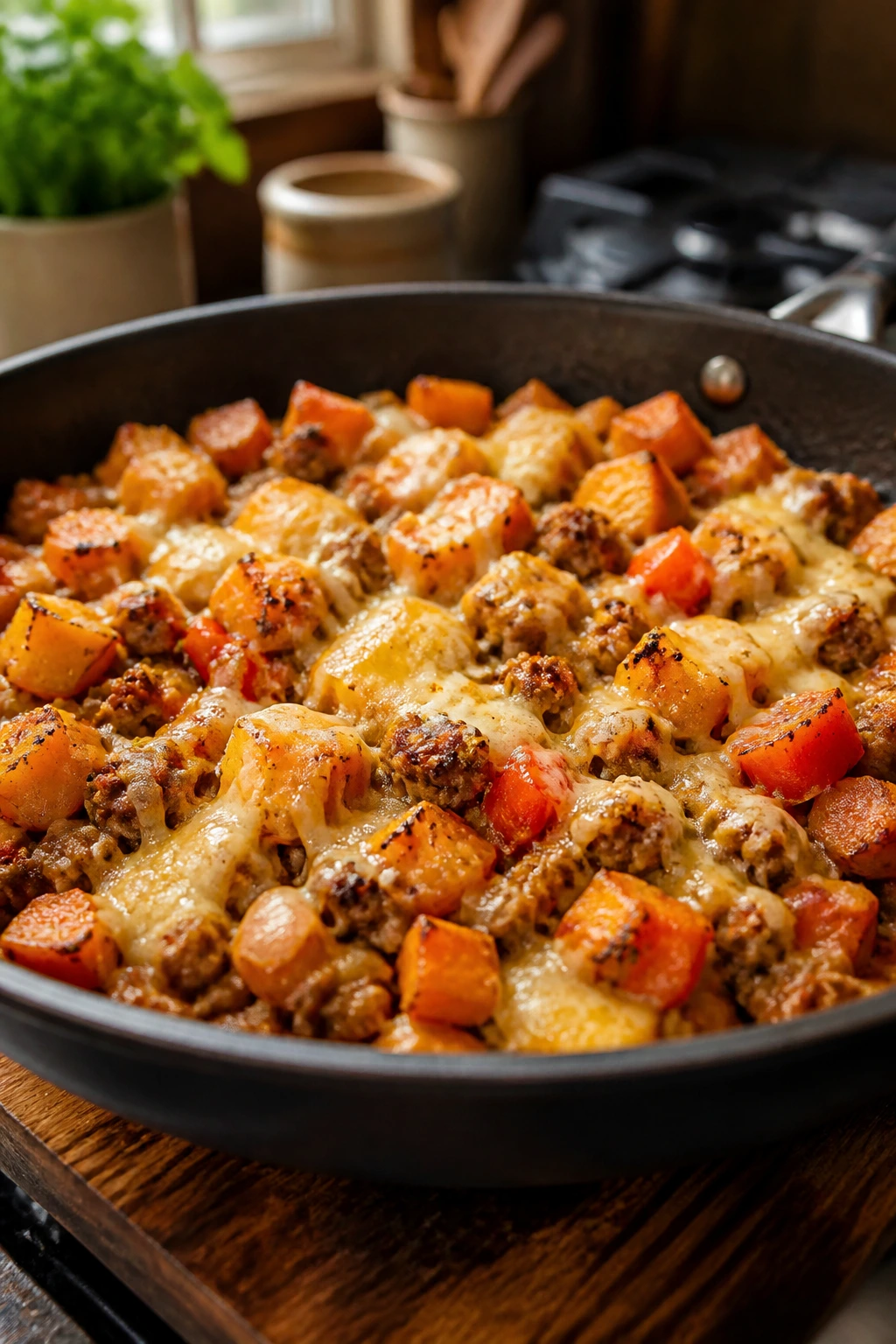 Close-up of turkey and sweet potato skillet in a warm kitchen