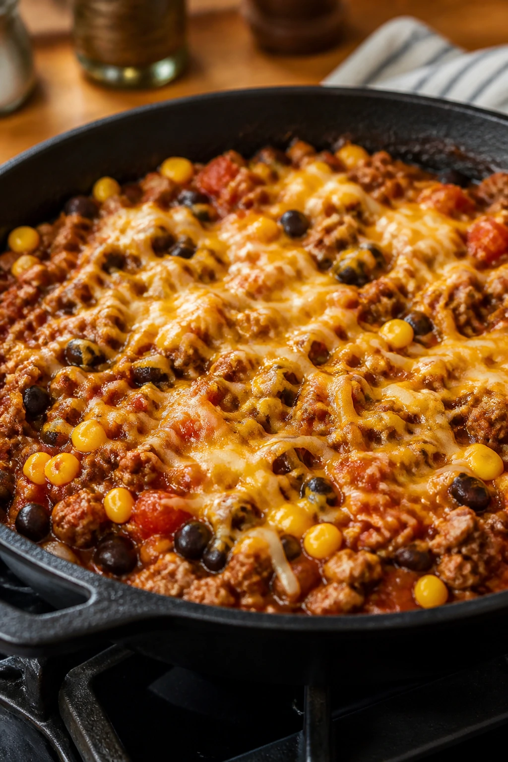 Close-up of turkey taco skillet with beans, corn, and melted cheese