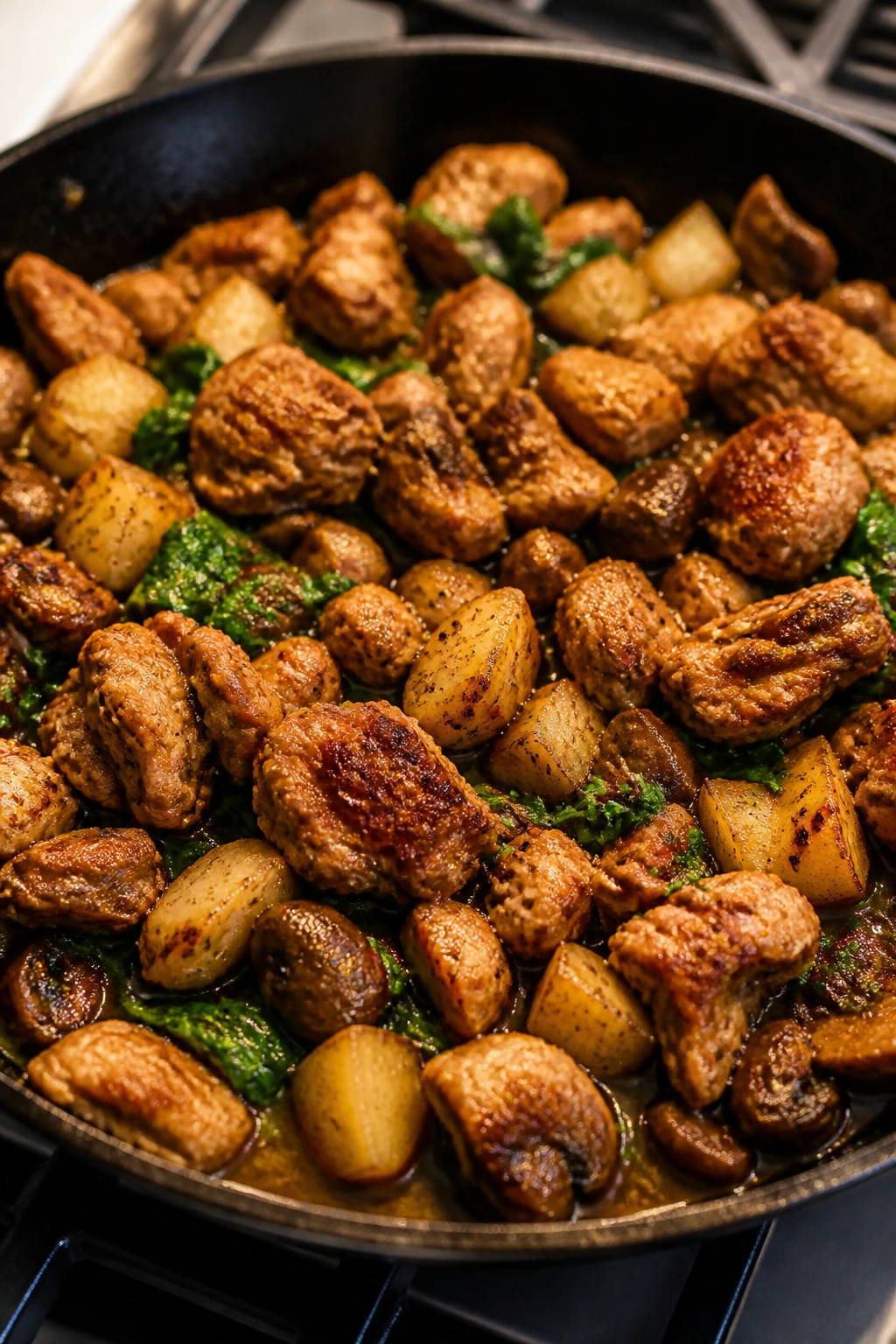 Skillet with large browned turkey crumbles in a pan