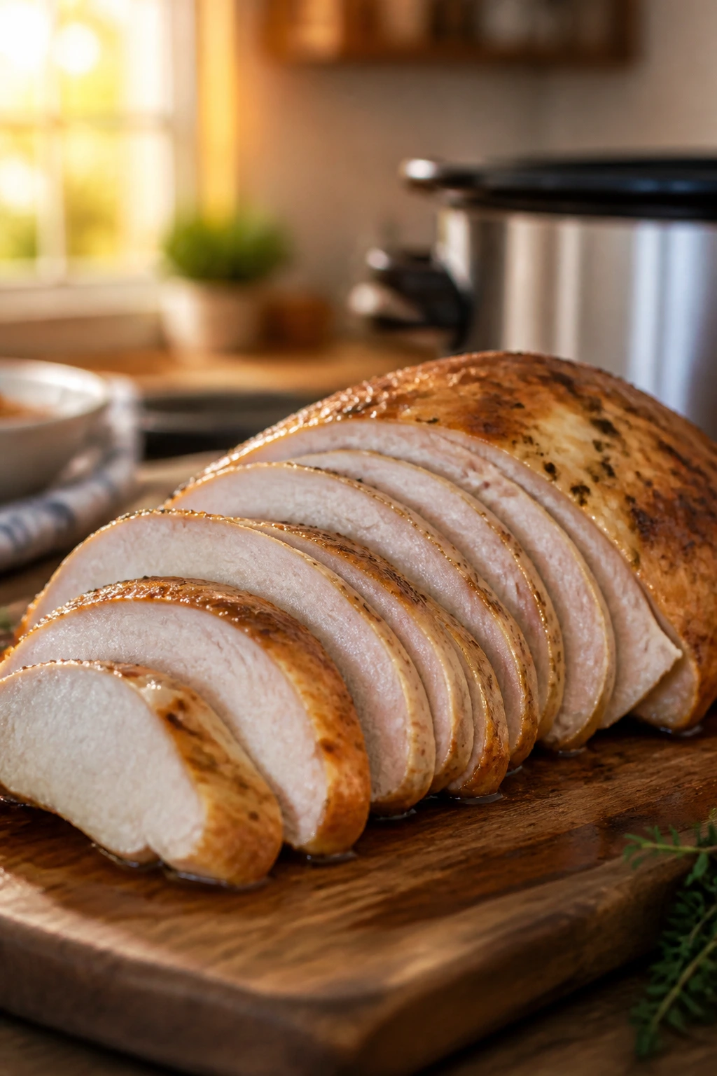 Sliced turkey breast on cutting board ready to portion
