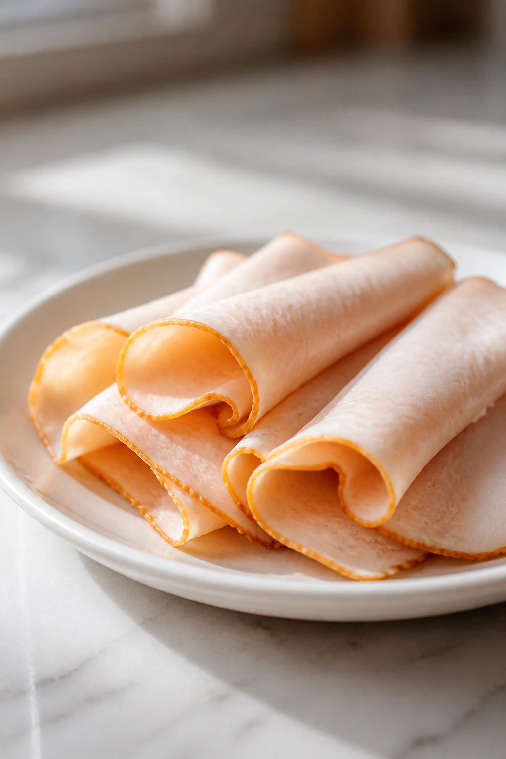 Close-up of turkey slices neatly arranged on a plate with soft kitchen lighting