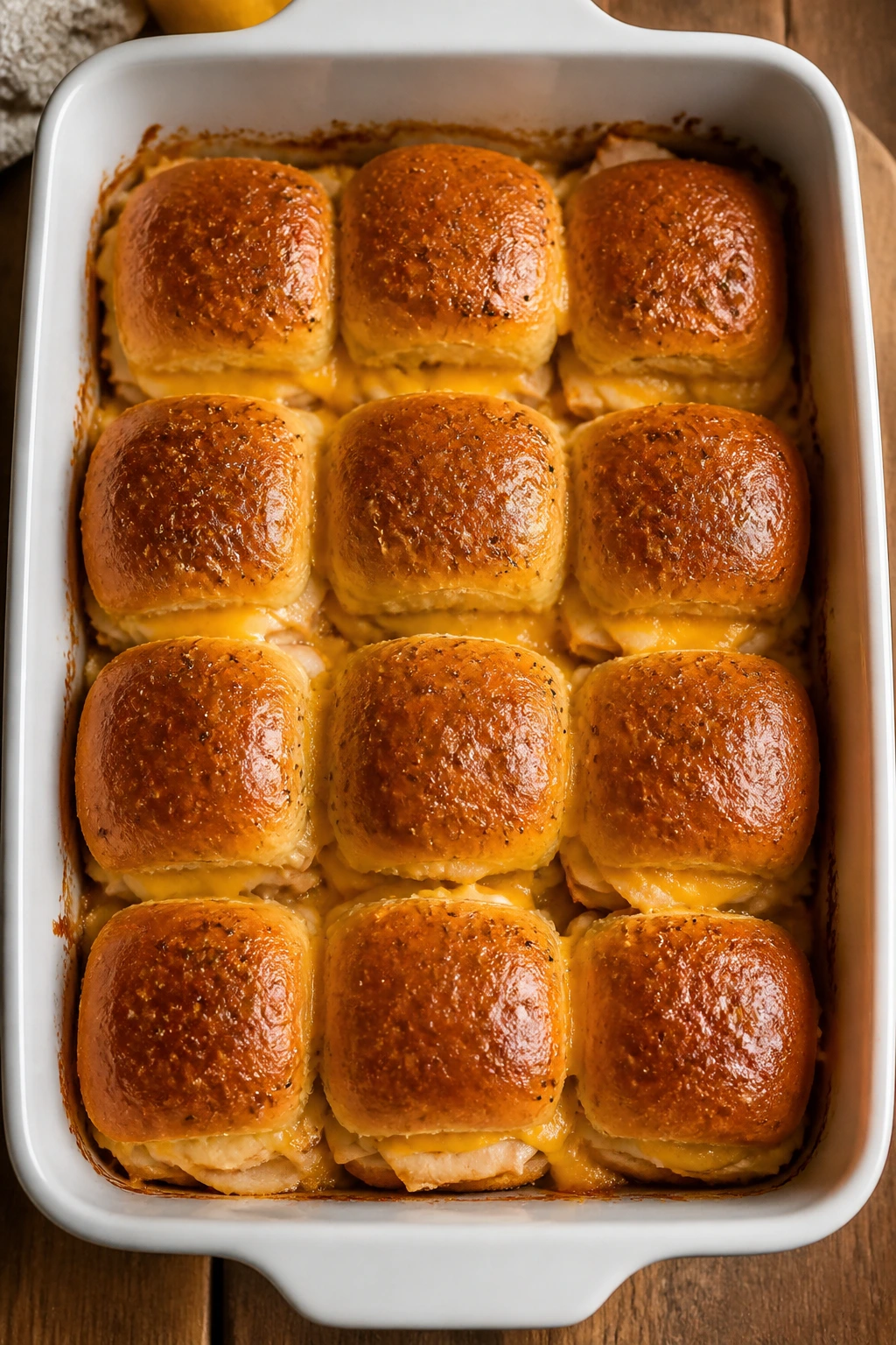 Top-down view of turkey and cheese sliders in a baking dish