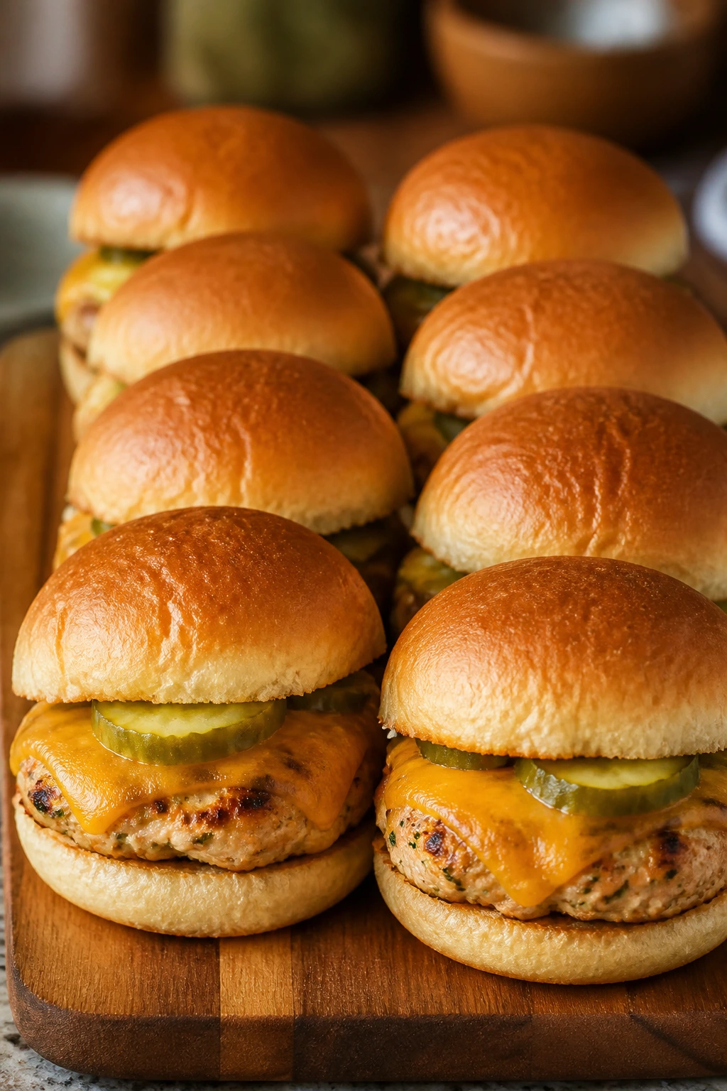 Eight turkey burger sliders with cheese and pickles on a board