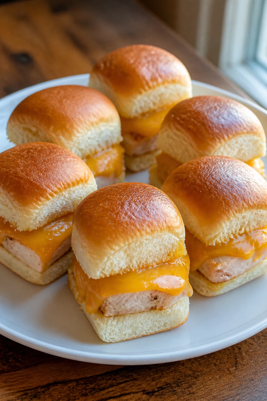 Close-up of six turkey sliders with cheese on a plate, kid-friendly mini burgers