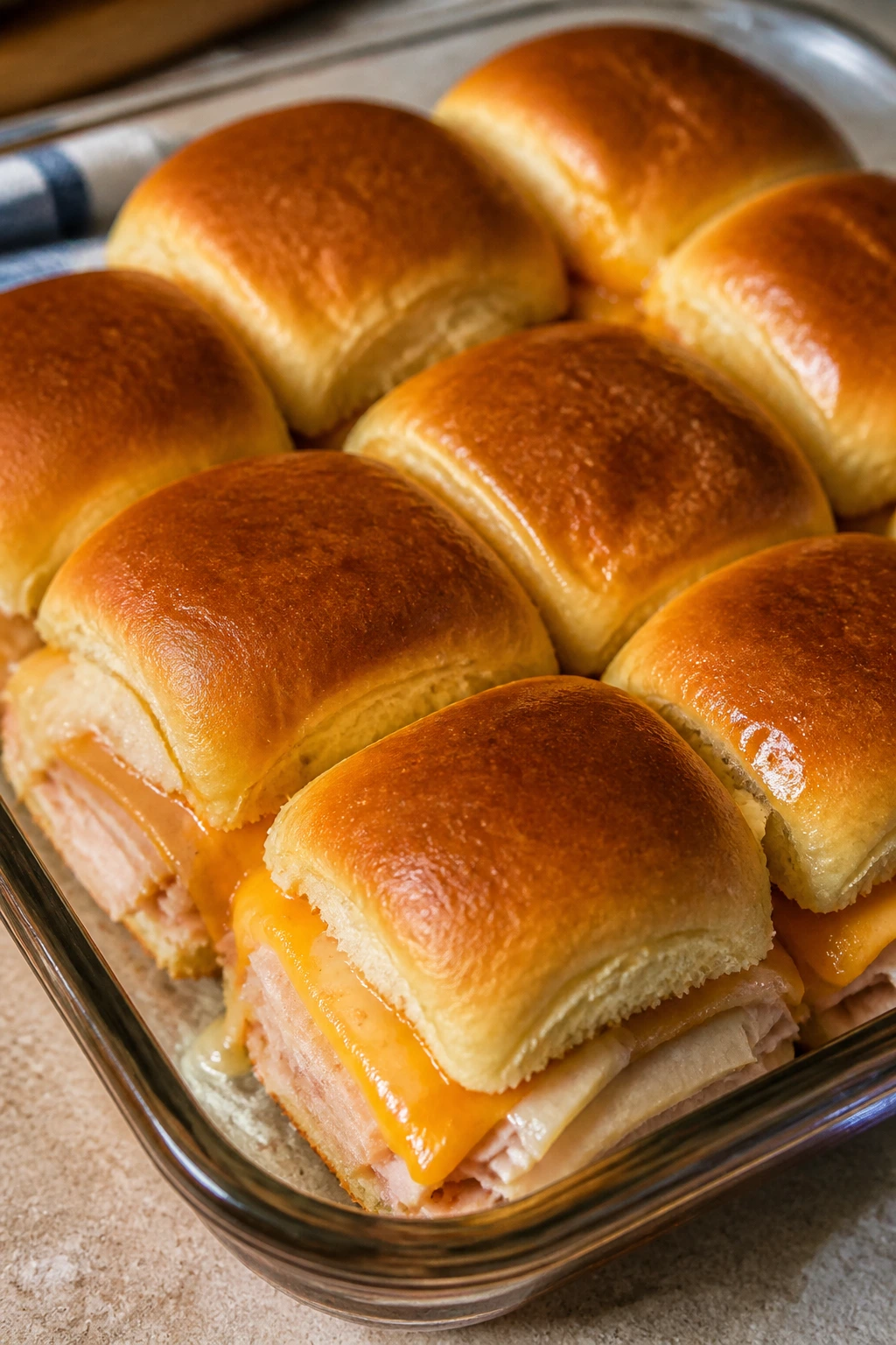 Close-up of turkey and cheese sliders filling the frame