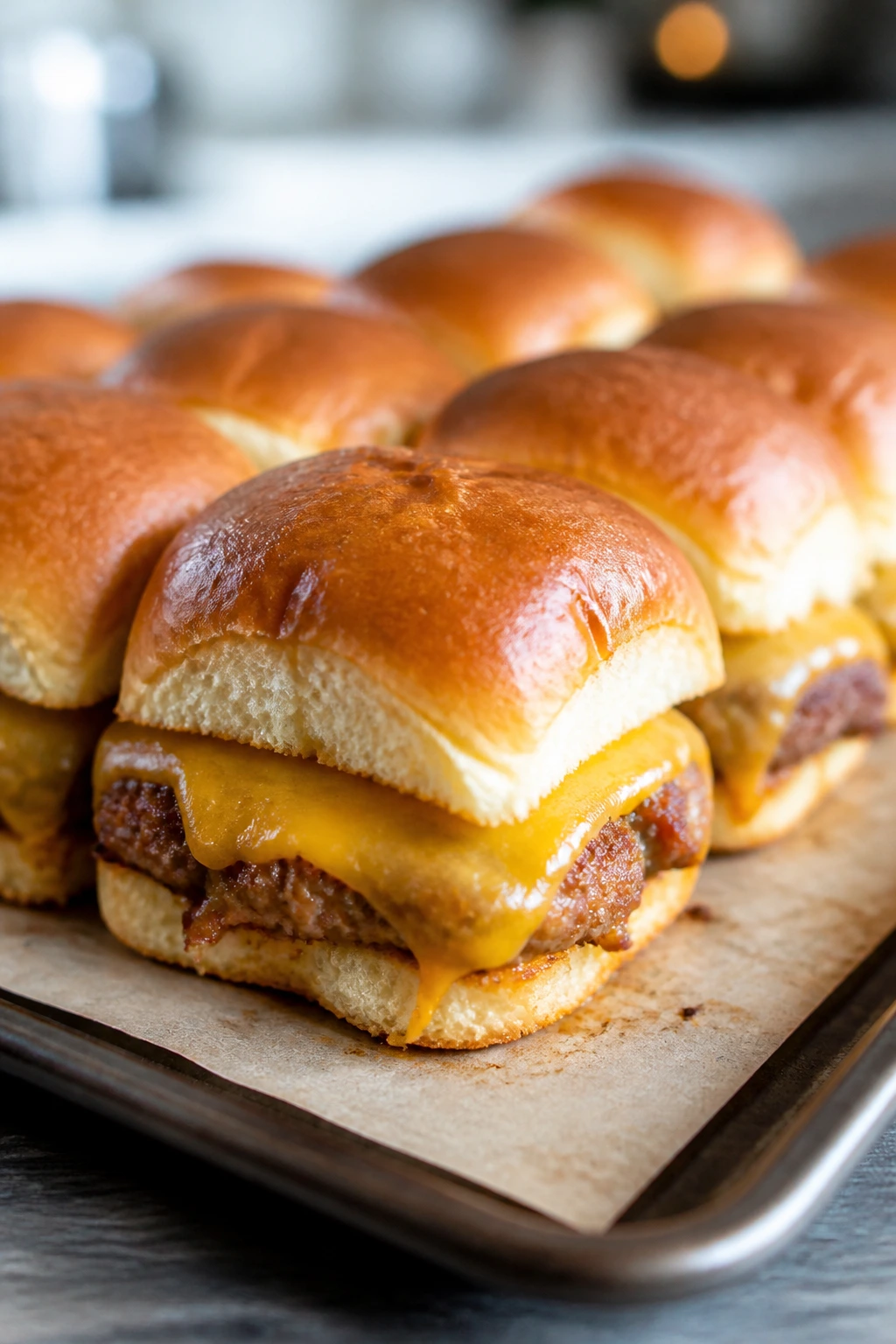 Close-up of juicy baked turkey cheeseburger sliders with melted cheddar on a sheet pan