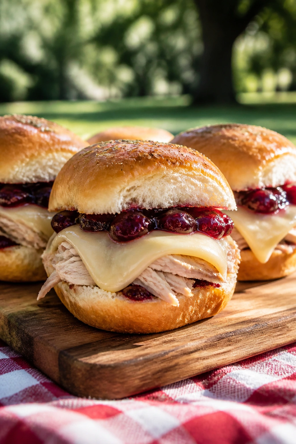 Close-up of turkey and cranberry sliders on a picnic board outdoors