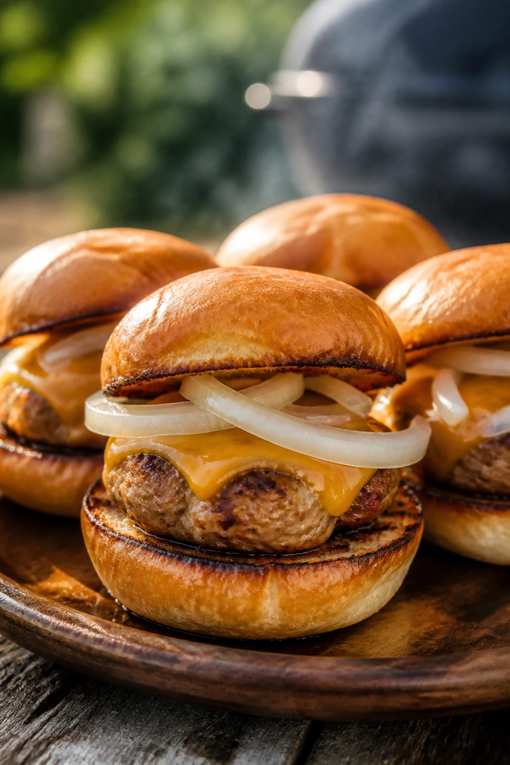Close-up of mesquite turkey sliders with onions and cheese on buns in outdoor setting