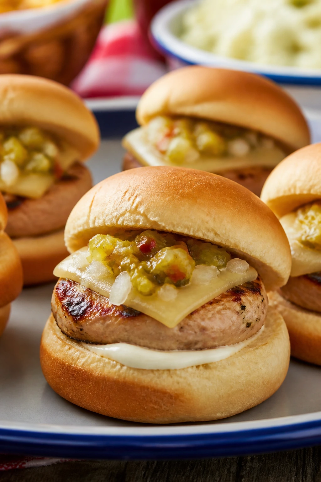 Close-up of turkey sliders topped with pickle relish on small buns.
