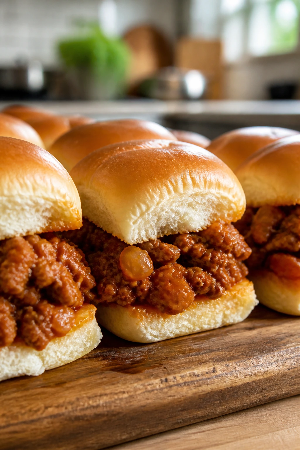 Close-up of turkey sloppy joe sliders with glossy filling on a wooden board