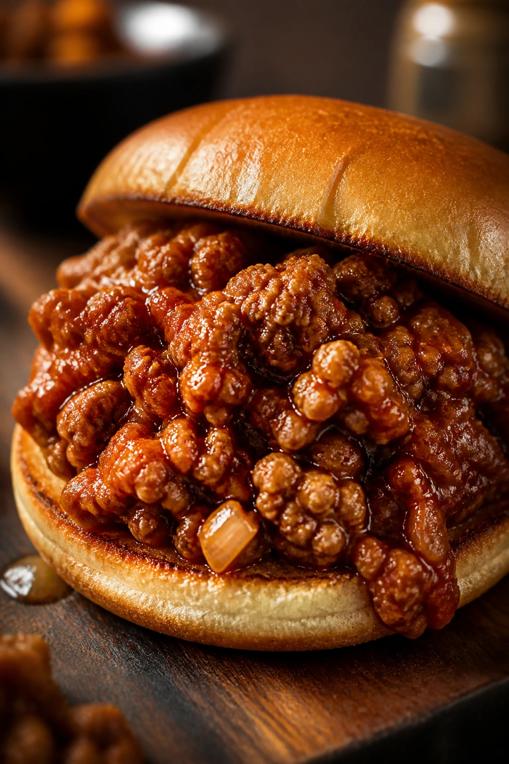 Close-up of saucy turkey sloppy joe filling on a toasted bun