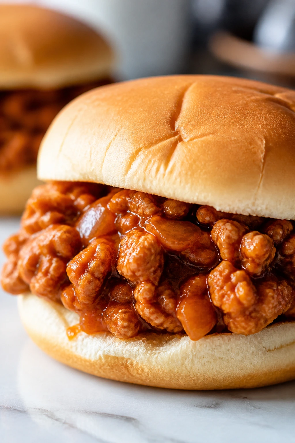 Close-up of turkey sloppy joes in a bun with glossy sauce