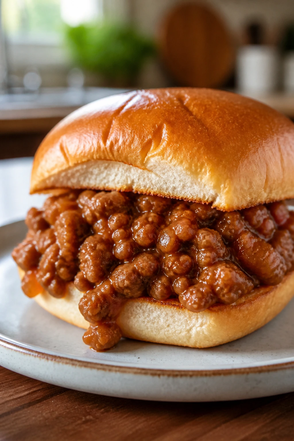 Close-up of a turkey sloppy joe sandwich half on plate with glossy sauce