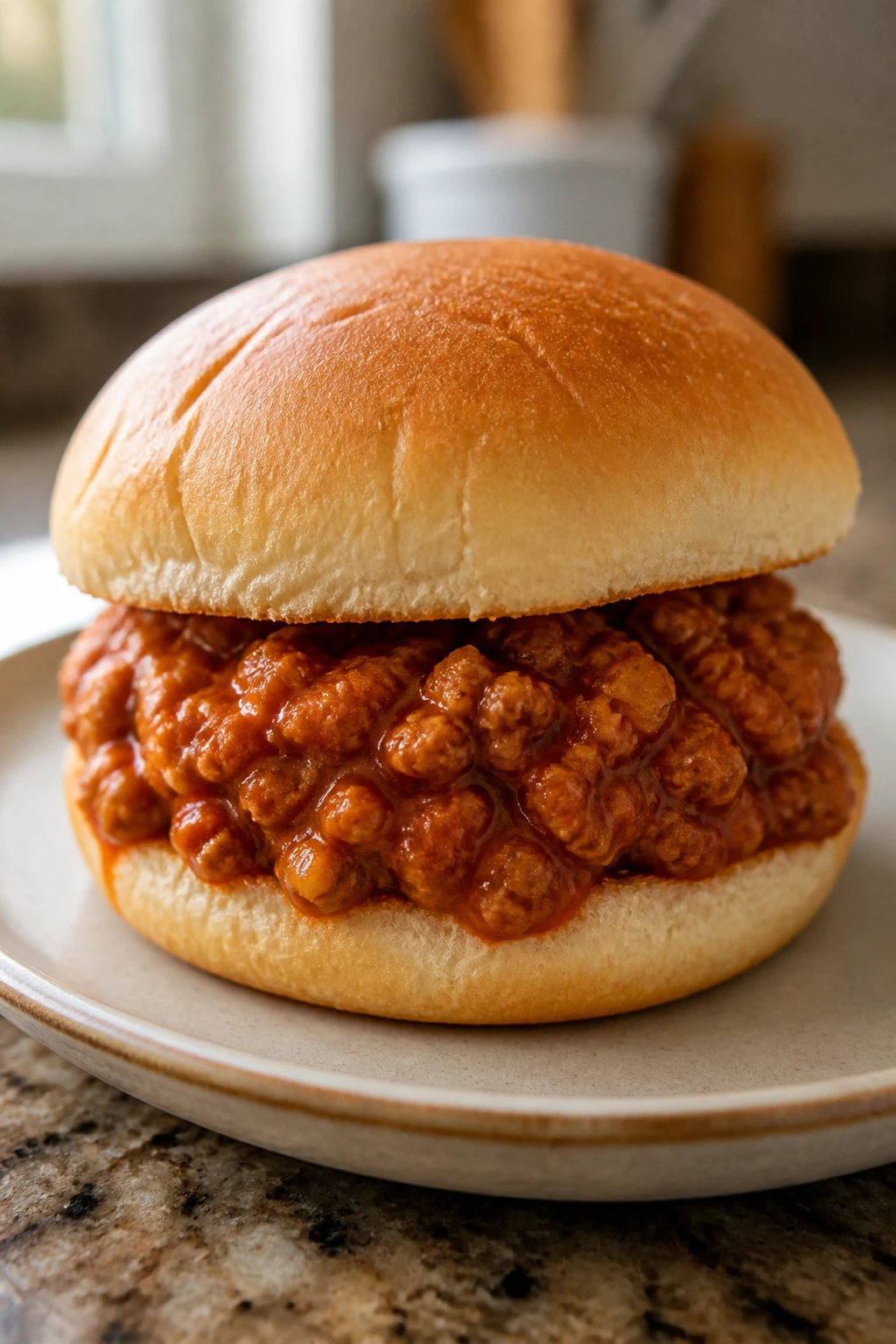 Close-up of a turkey sloppy joes sandwich on a plate in a warm kitchen