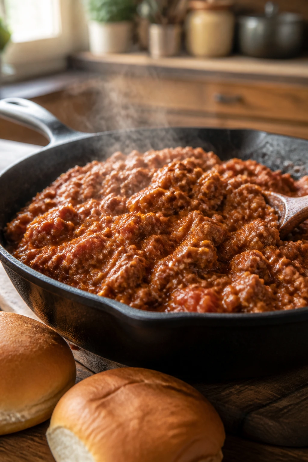 Close-up of glossy turkey sloppy joes in a skillet with buns in a warm kitchen