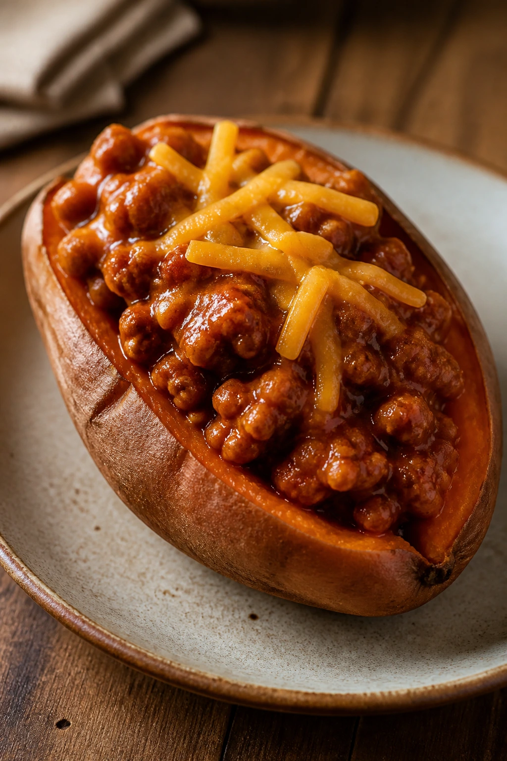 Stuffed sweet potato half with turkey sloppy joe topping on a rustic plate