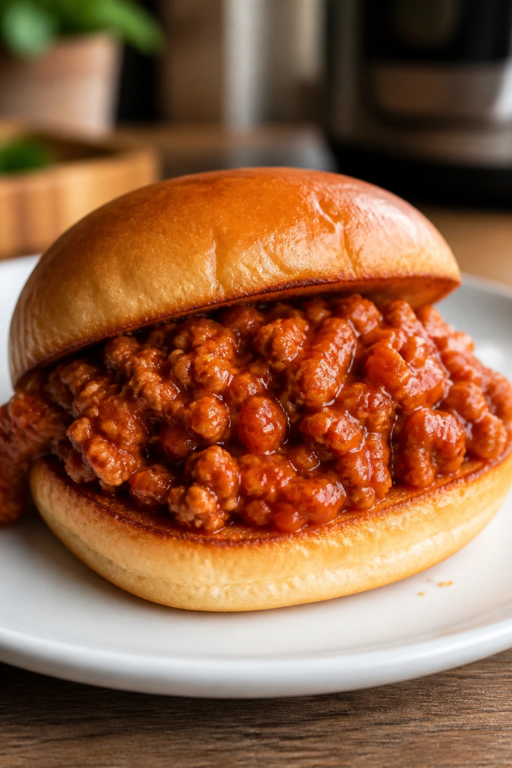 Close-up of a turkey sloppy joe sandwich on a plate