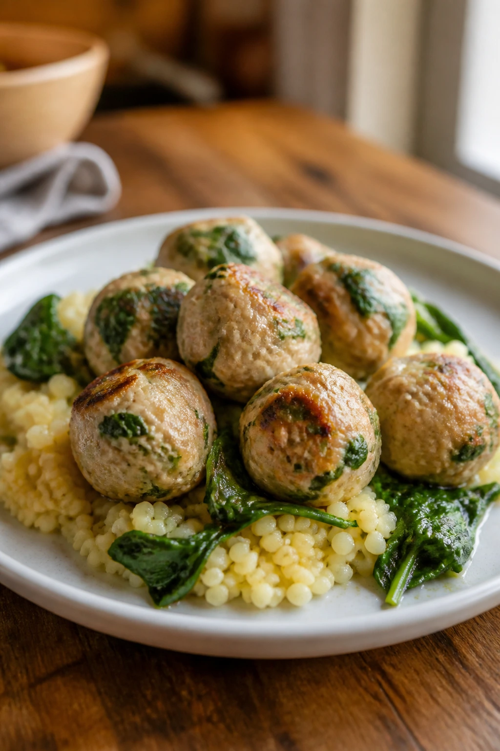 Close-up of turkey spinach meatballs over couscous on a plate in a warm kitchen