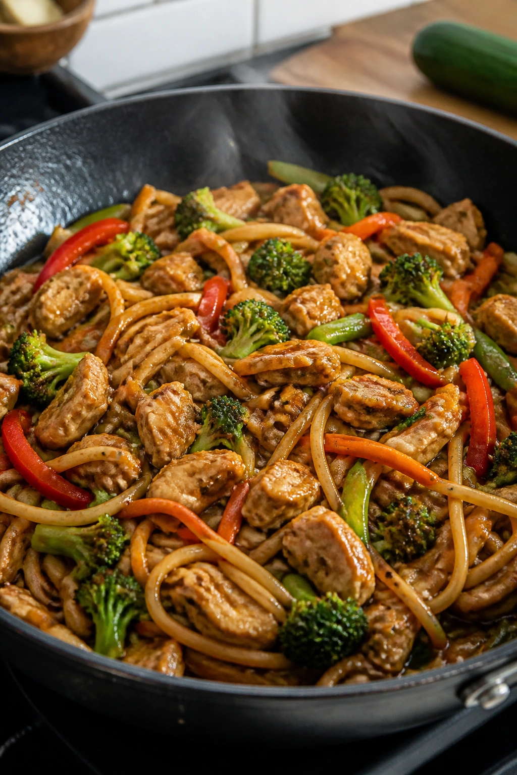 Stir-fry noodles with turkey and vegetables in a skillet