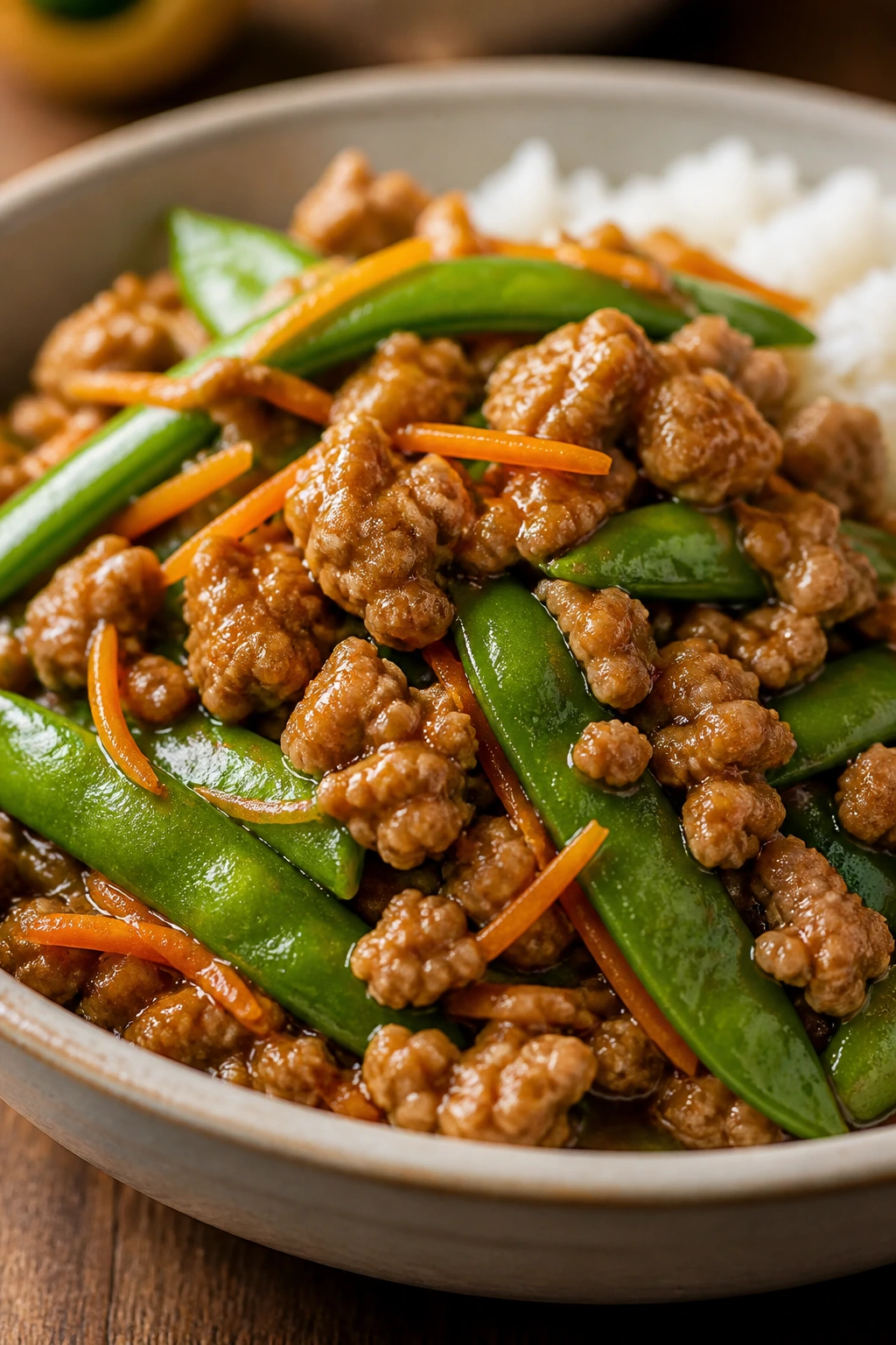 Close-up of teriyaki turkey stir-fry with snap peas