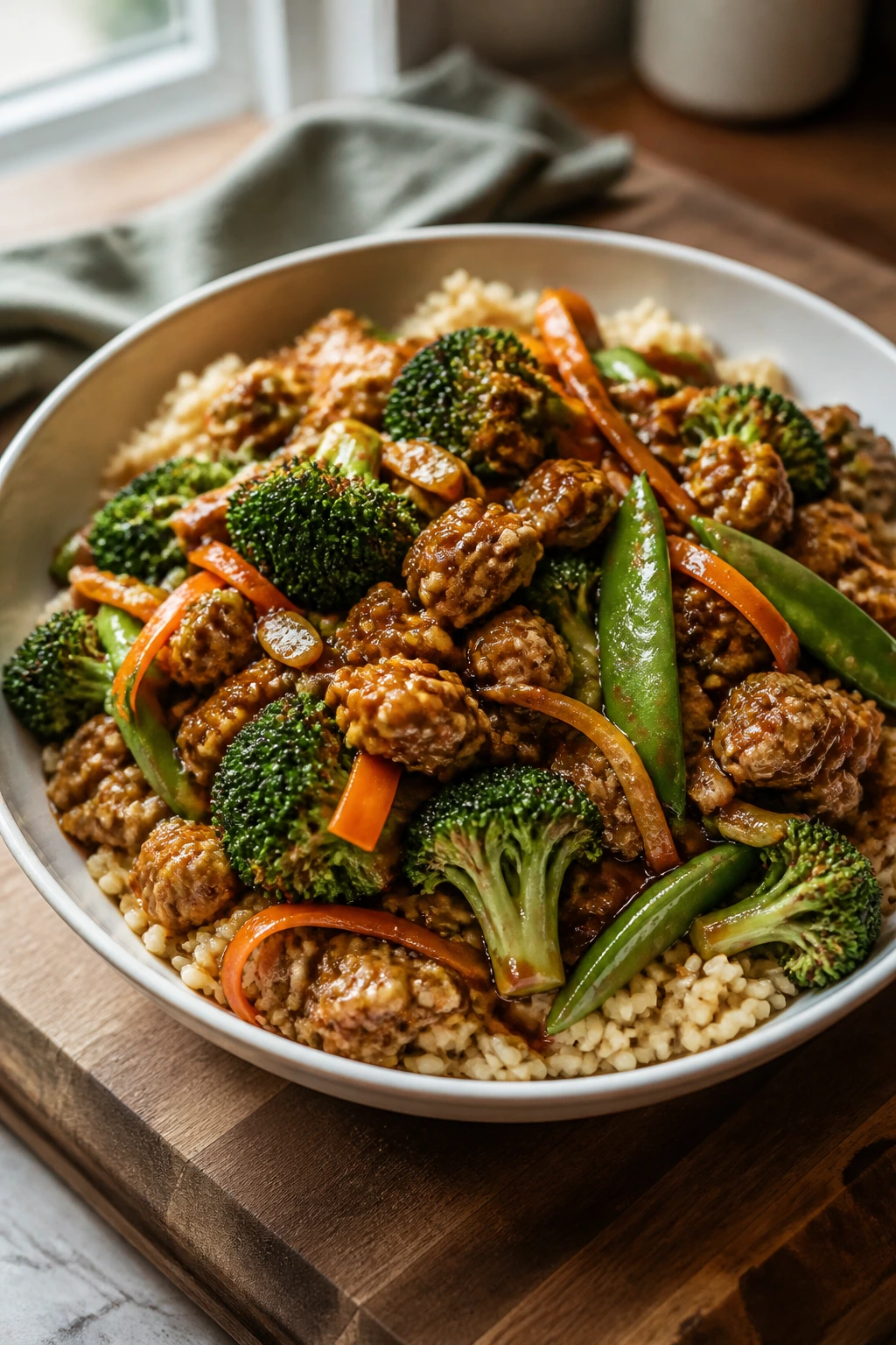 Close-up of teriyaki turkey stir-fry with broccoli and brown rice in a bowl.