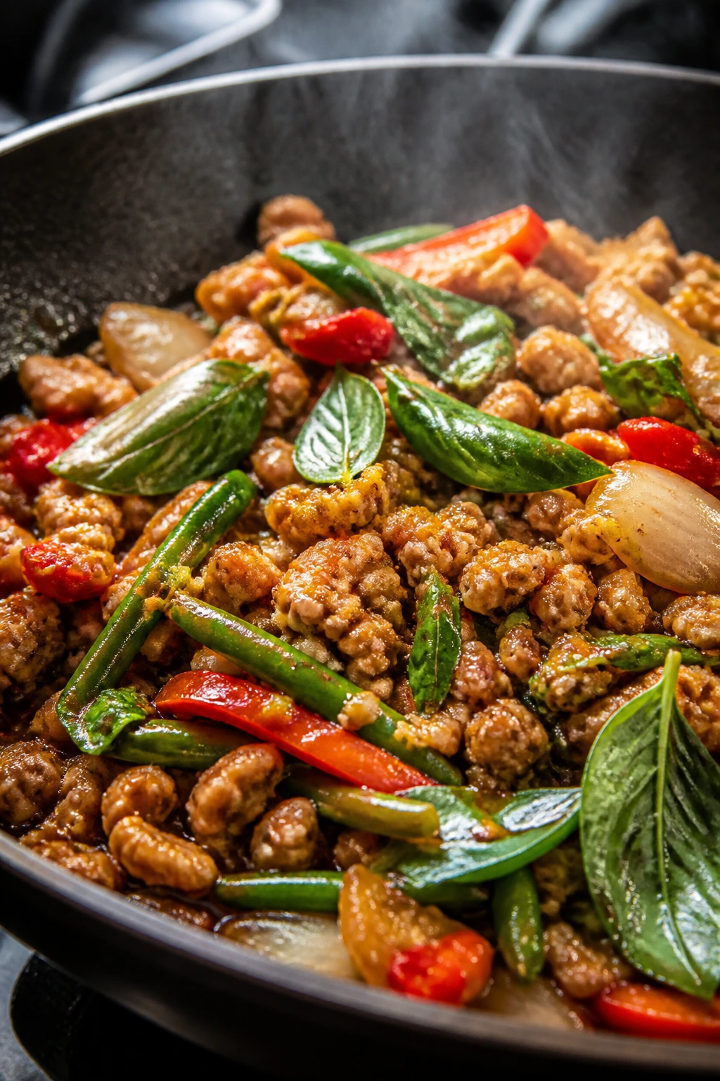 Thai basil turkey stir-fry in a pan with peppers and basil