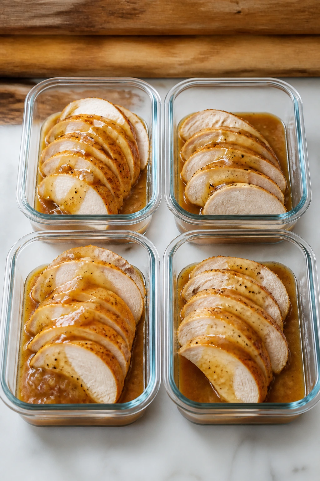 Shallow containers with turkey slices and sauce for storage and reheating