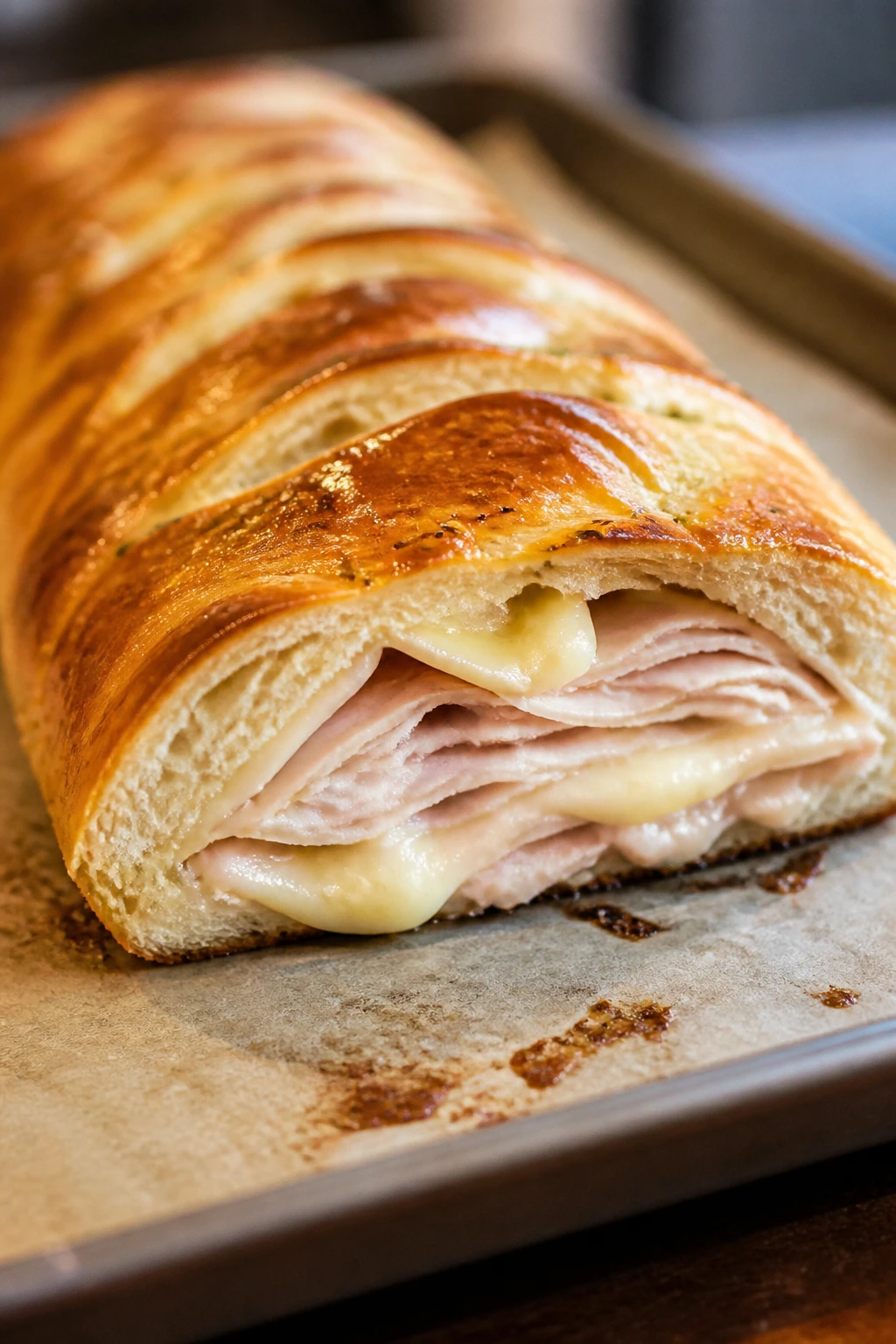 Stromboli loaf with turkey and cheese, sliced to show filling.