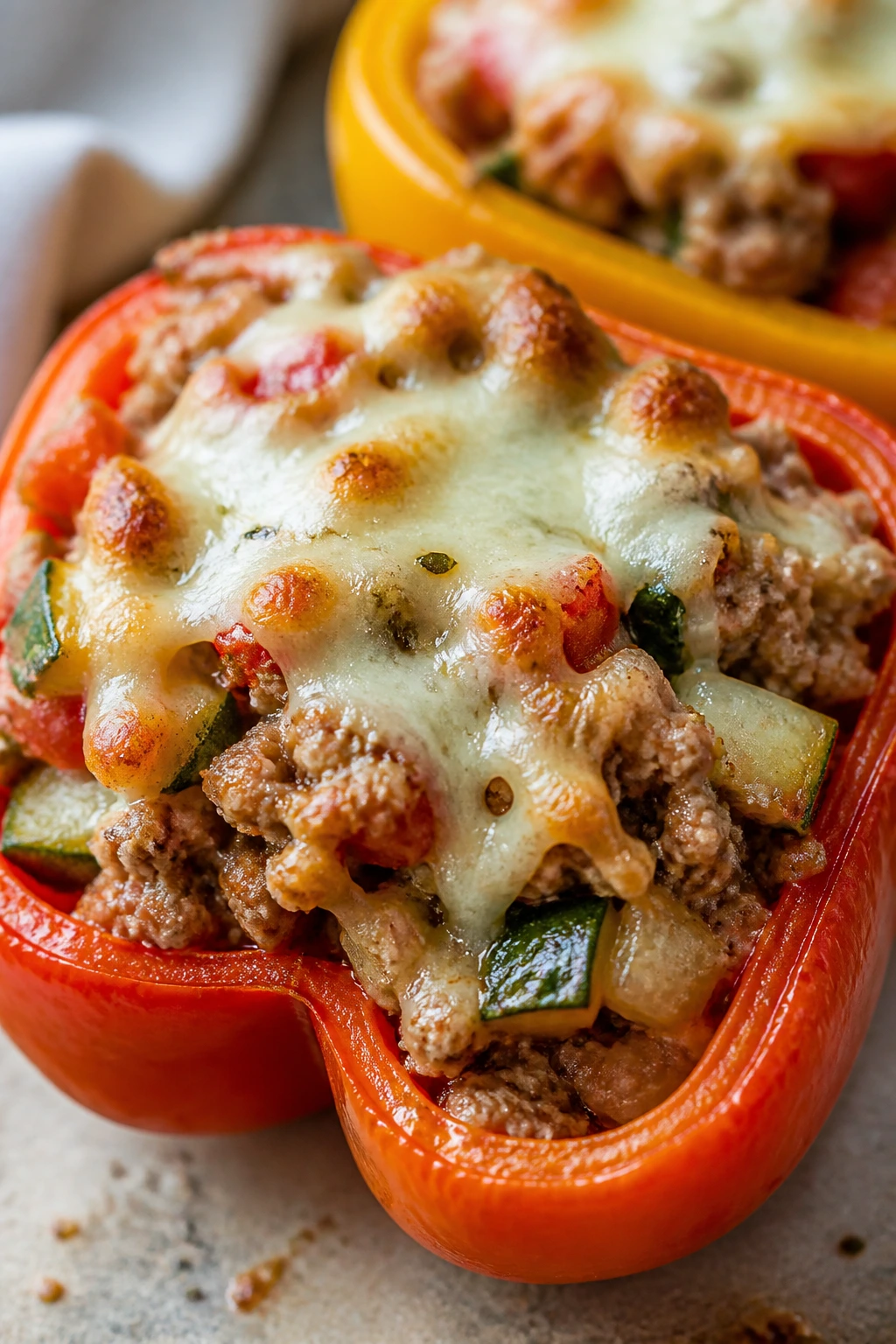 Stuffed bell pepper half with turkey filling and mozzarella on top.