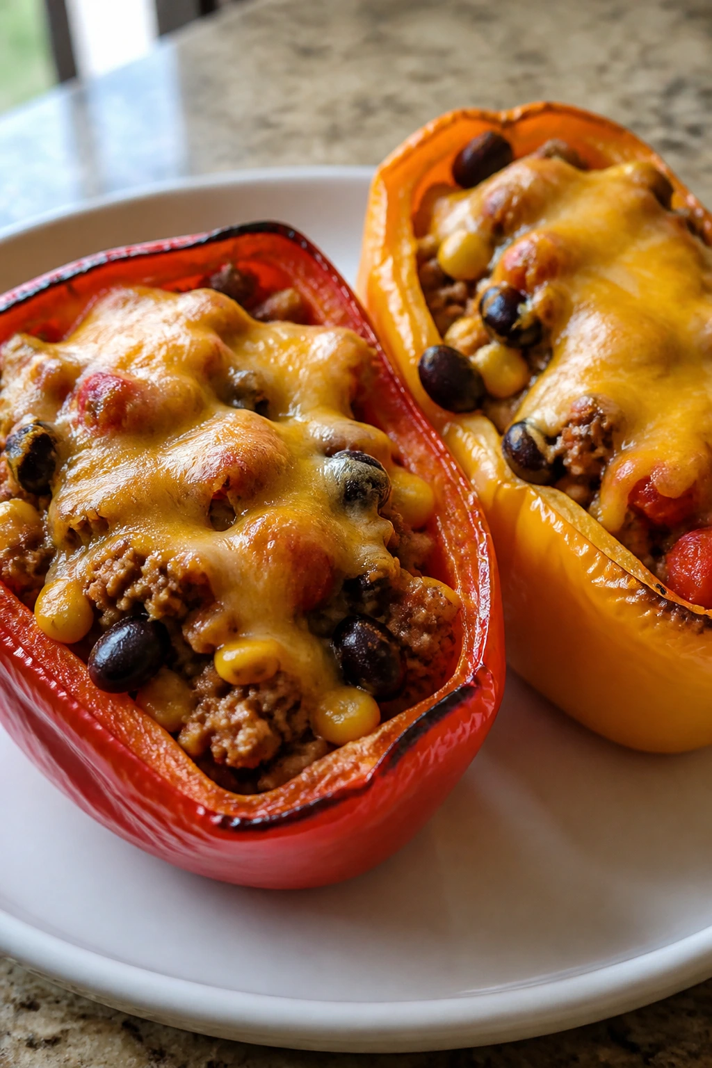 Turkey stuffed peppers on plate with cheese.