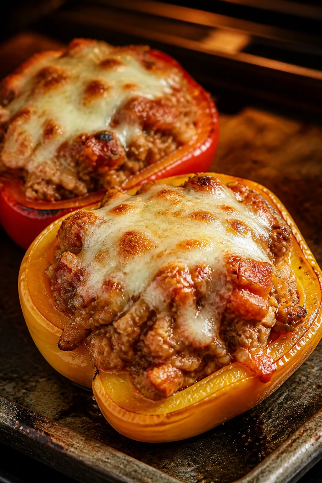 Close-up of turkey-stuffed peppers with melted cheese
