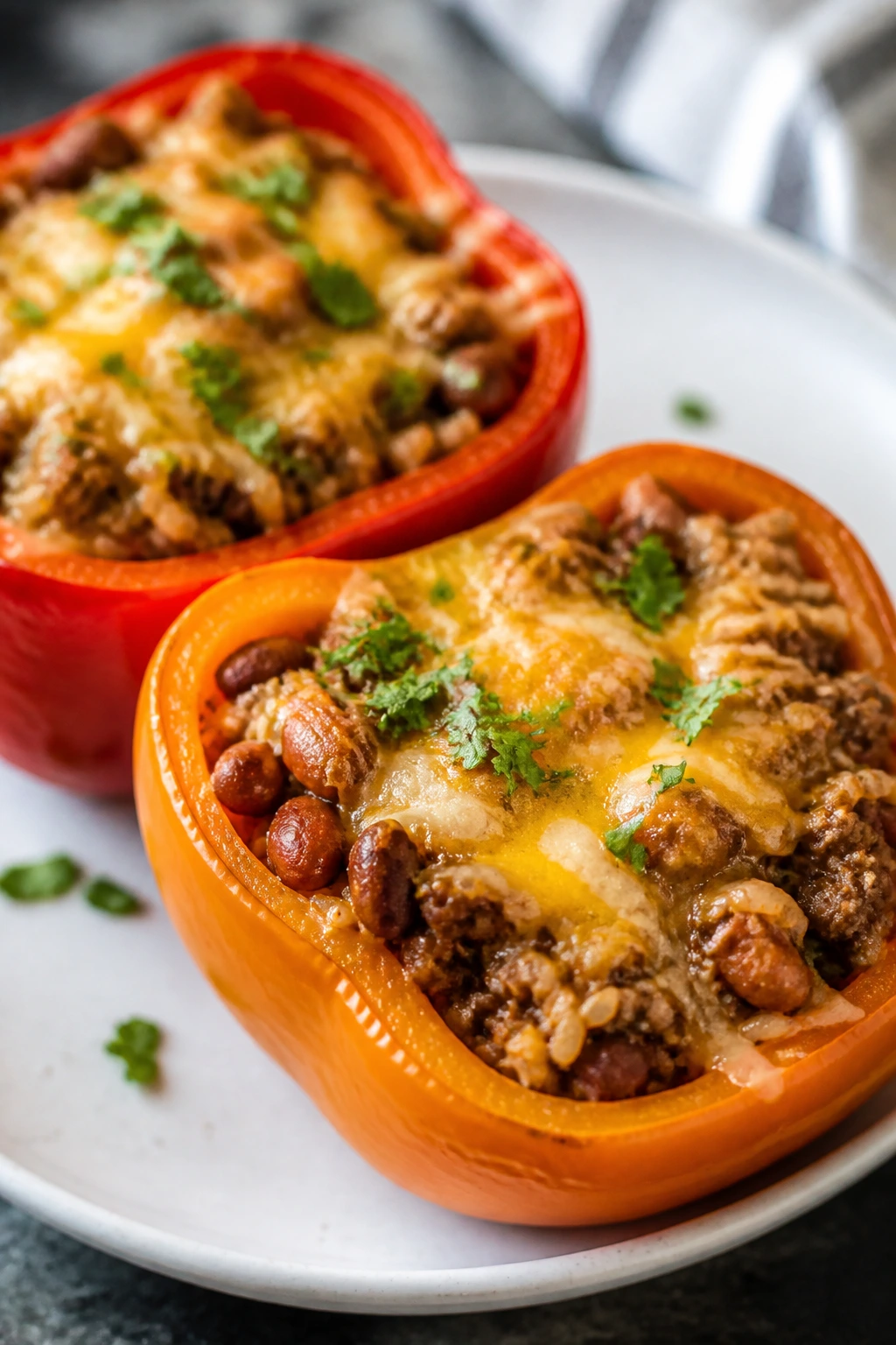 Close-up stuffed turkey taco peppers halved on a plate.