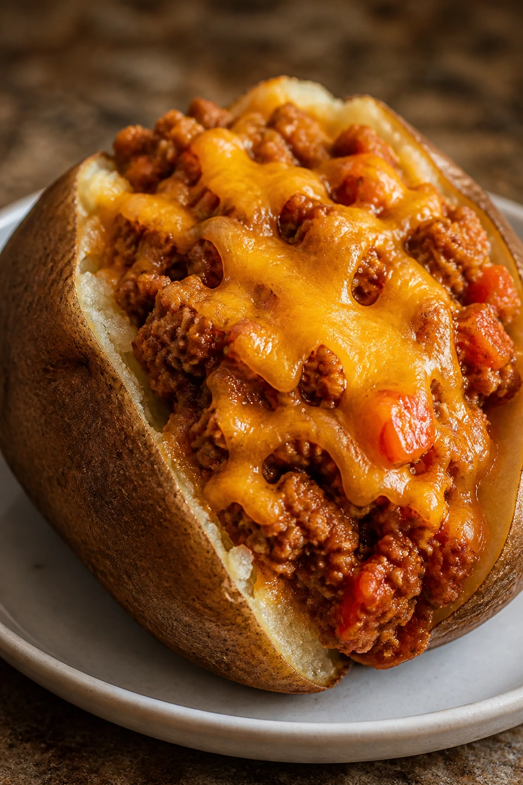 Baked potato stuffed with turkey taco filling and melted cheddar