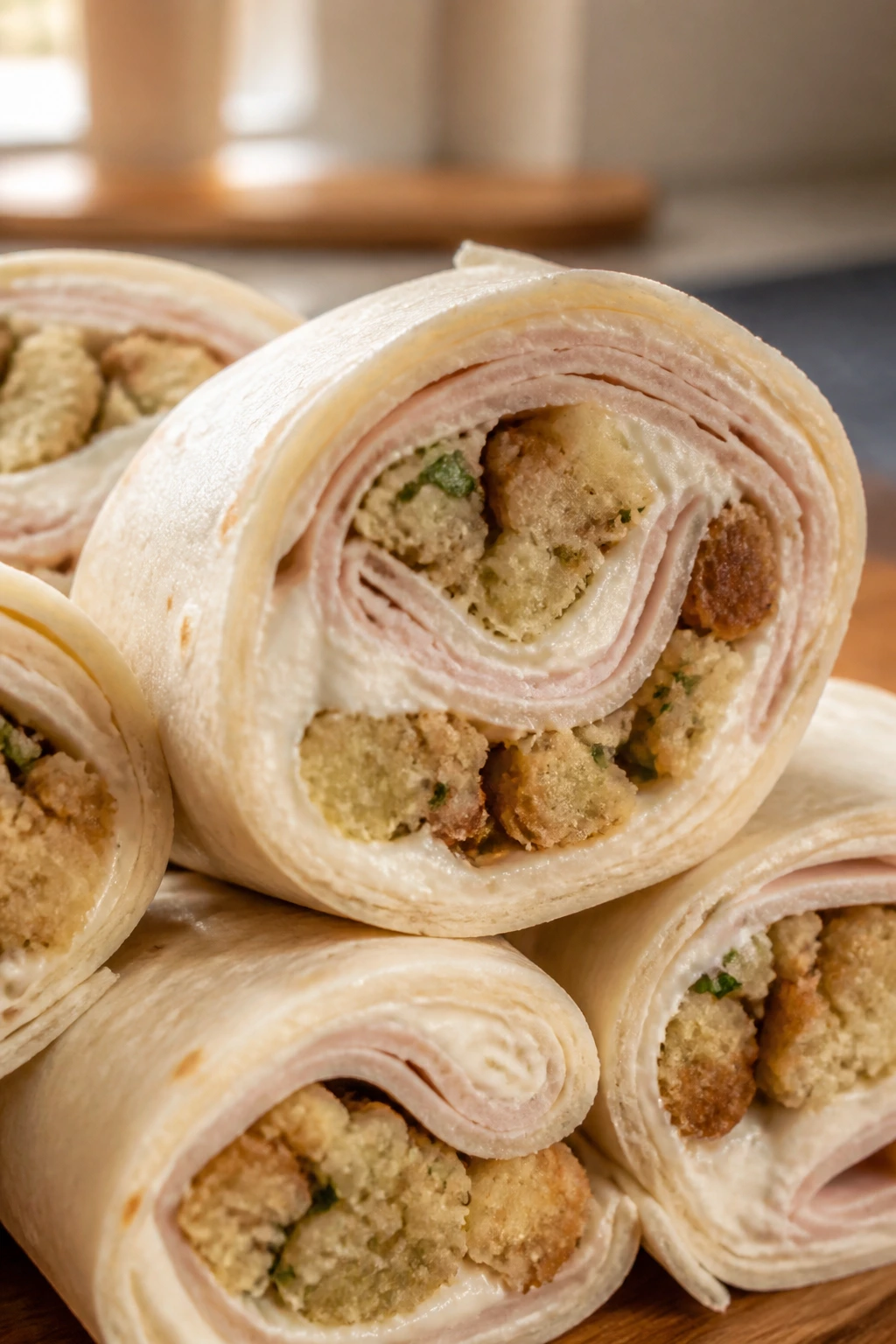Cross-section of turkey and stuffing pinwheel with cream cheese filling on a wooden board