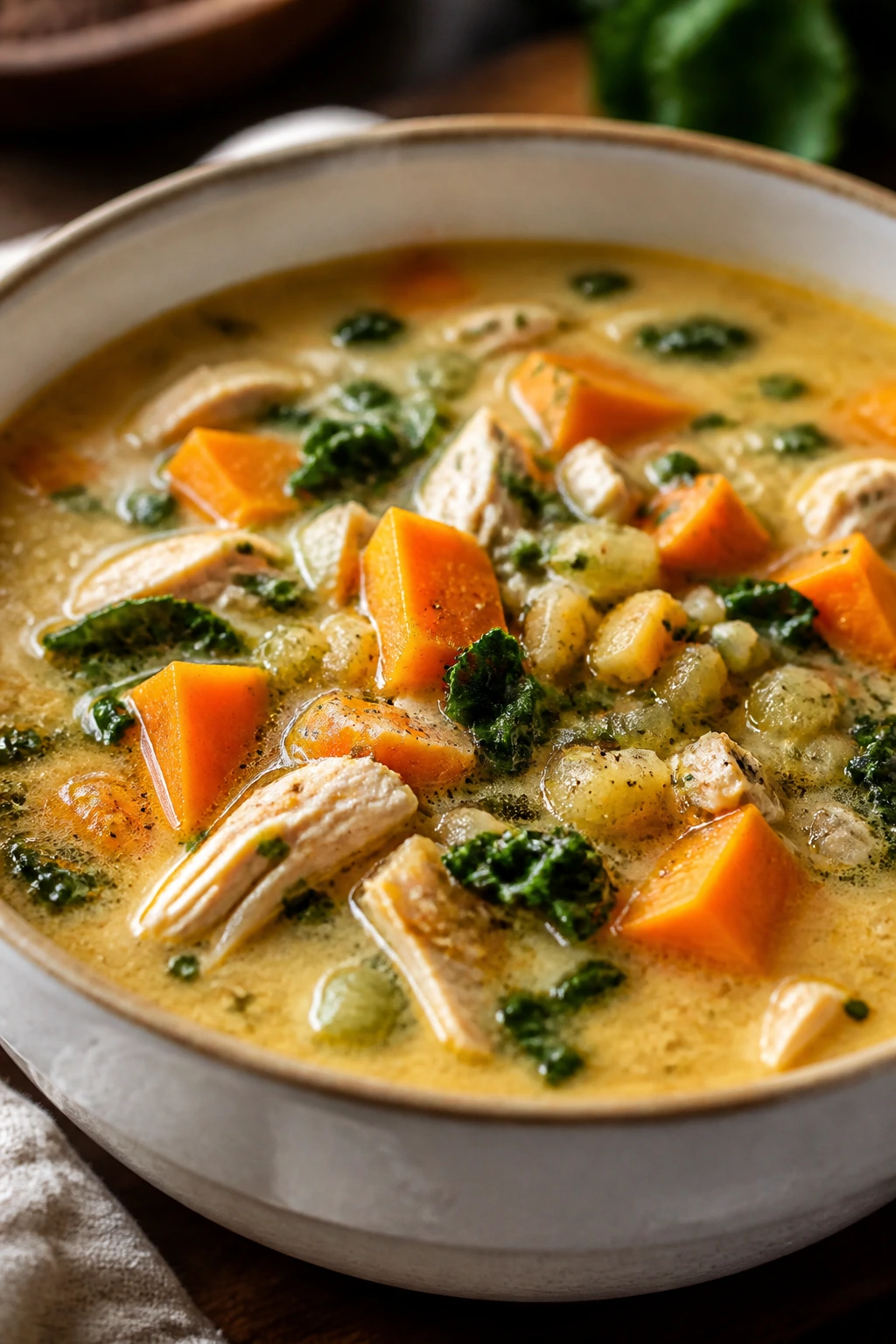 Turkey and sweet potato chowder with kale in a creamy broth