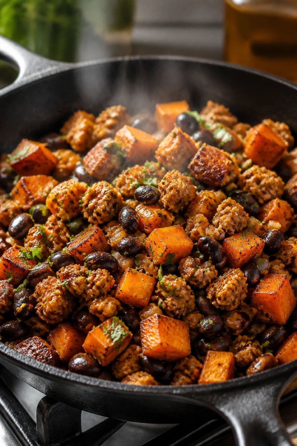 Close-up of one-pan turkey, sweet potato, and black bean skillet on a stove.