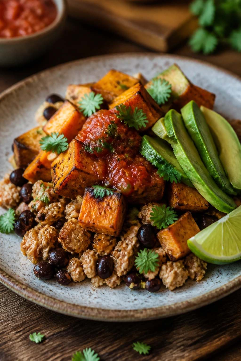 Vibrant plated turkey and sweet potato dish with beans salsa avocado cilantro lime
