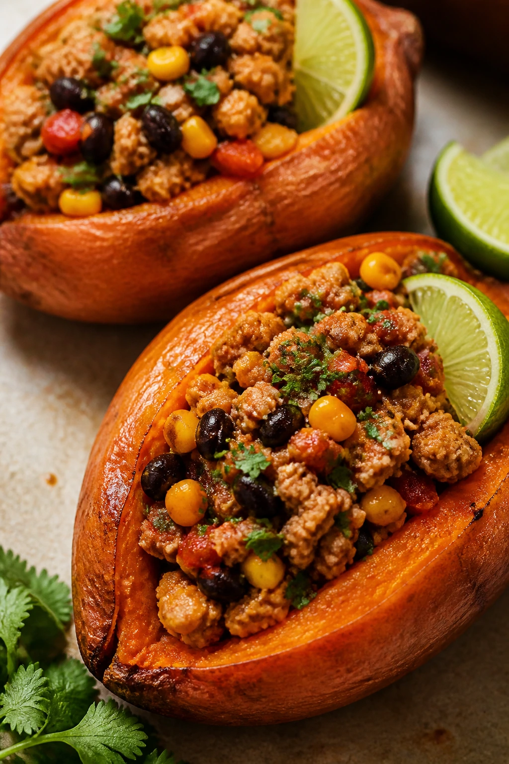 Close-up of chili-lime turkey stuffed sweet potatoes with beans and corn