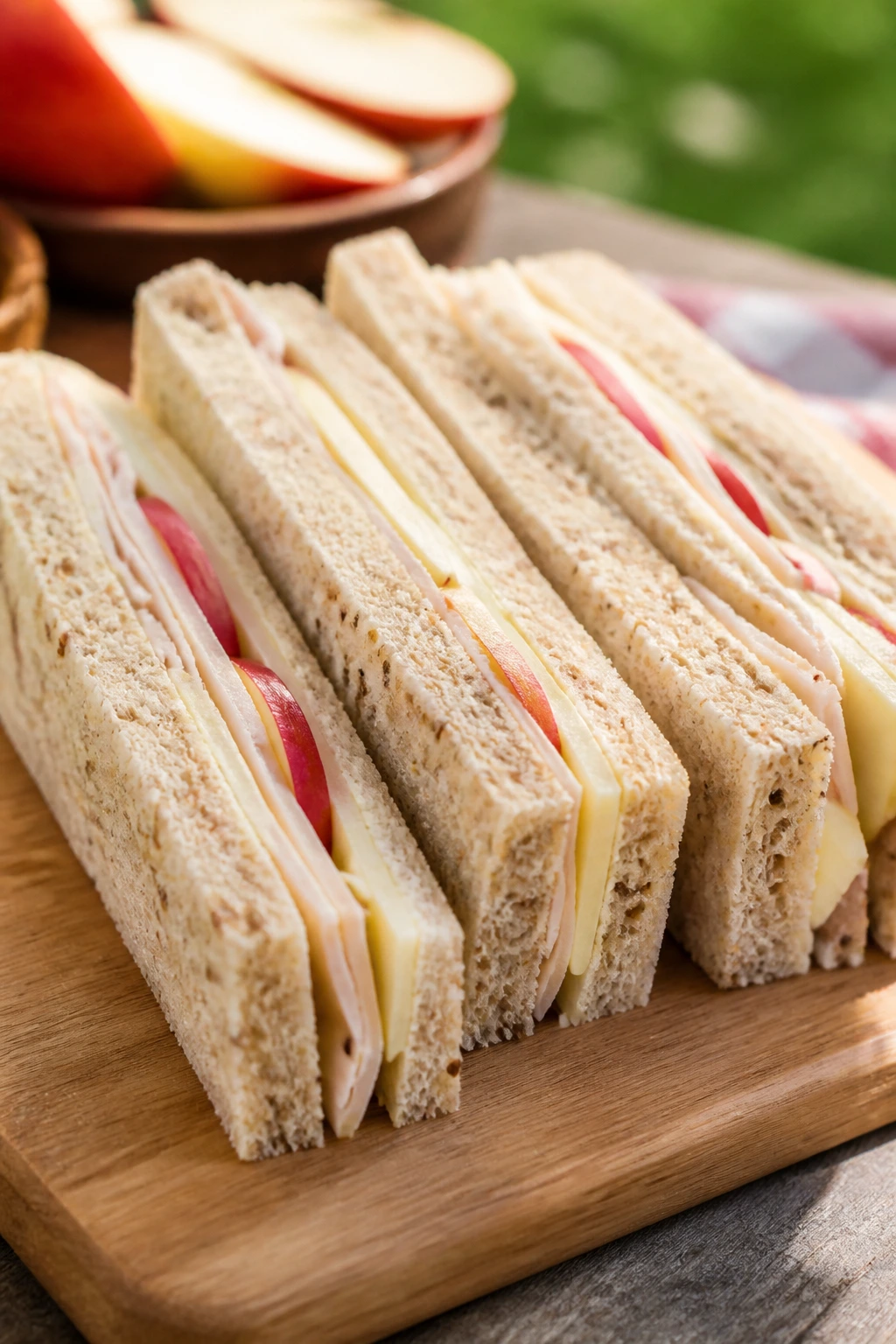 Close-up of smoked turkey Swiss apple finger sandwiches on a wooden board at a picnic