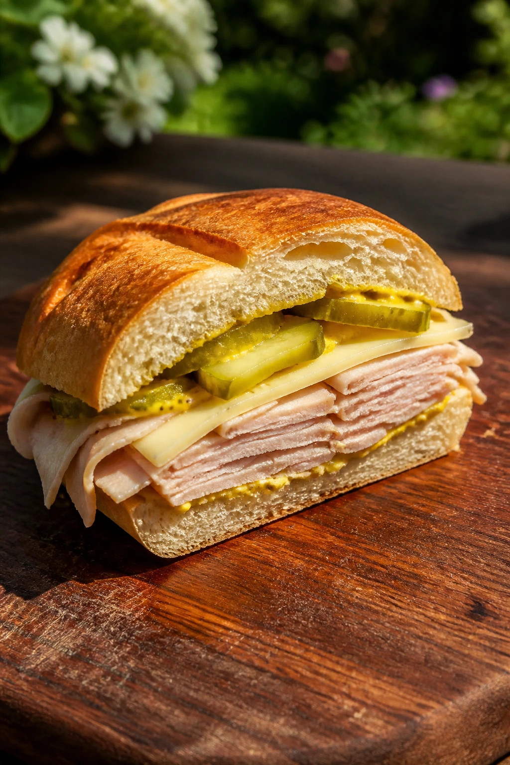 Turkey Swiss pickle sandwich on toasted roll outdoors