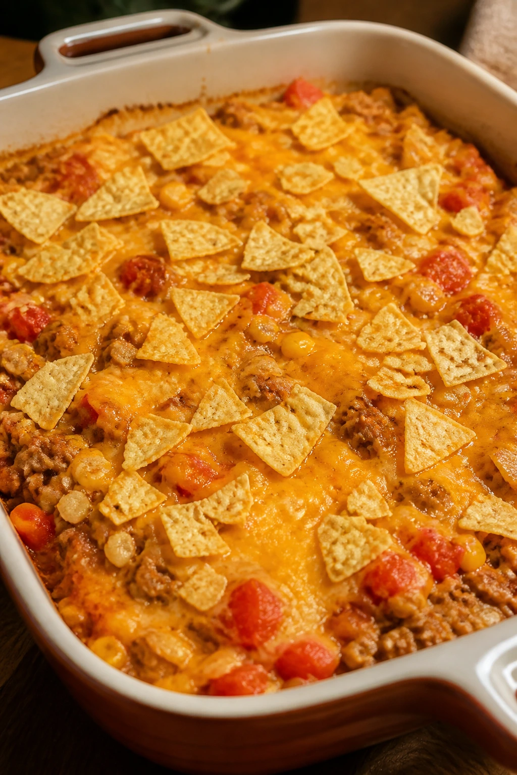 Close-up of turkey taco bake with cheddar and tortilla chips