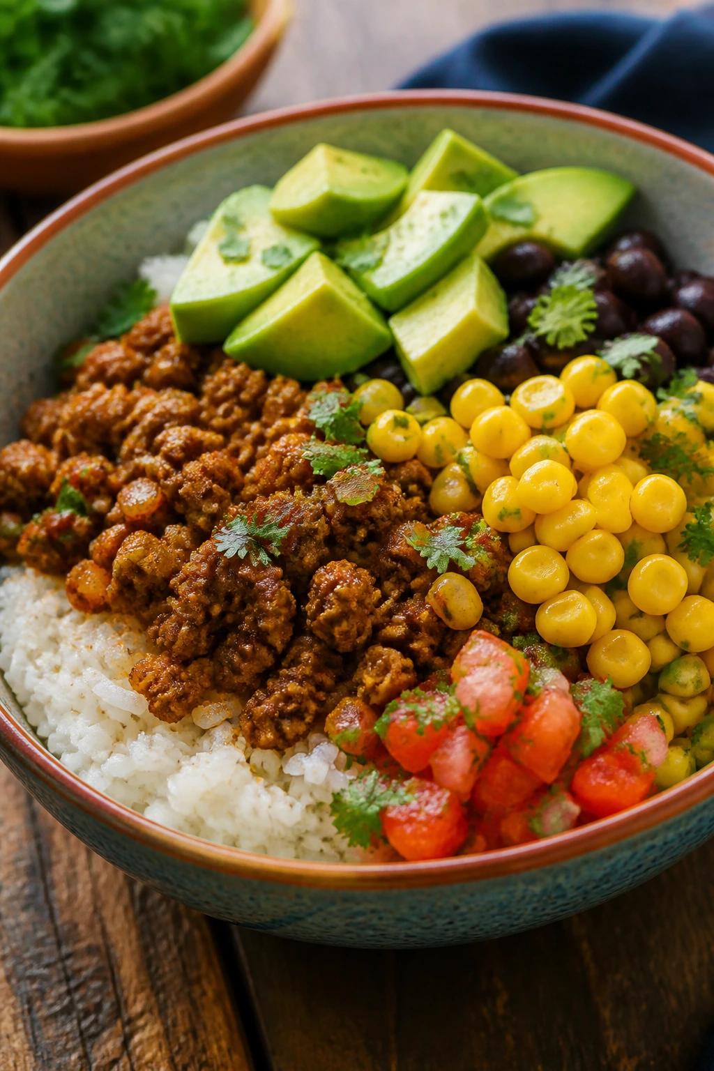 Colorful turkey taco bowl with corn avocado