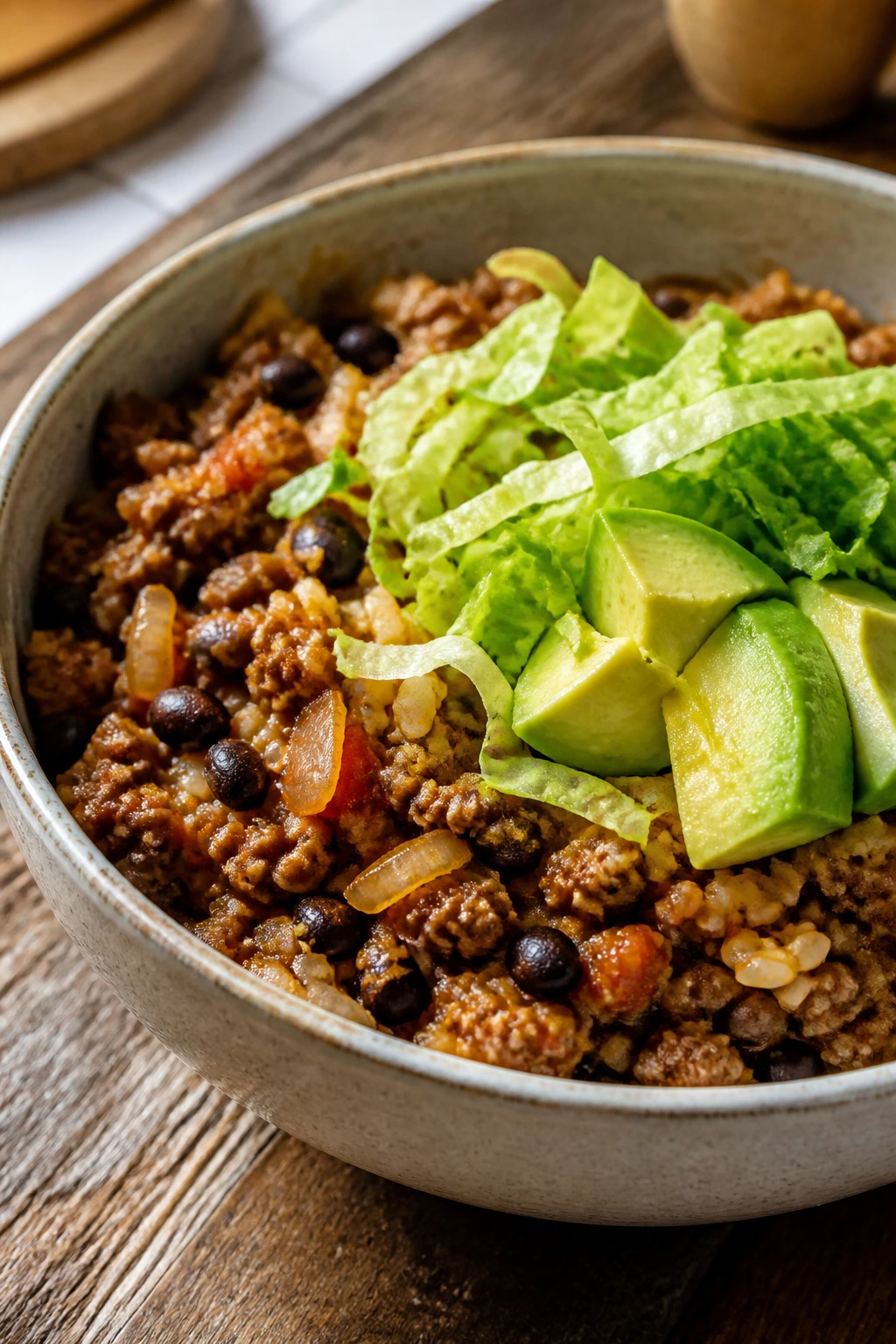 Close-up of turkey taco bowl with avocado and lettuce on wooden counter