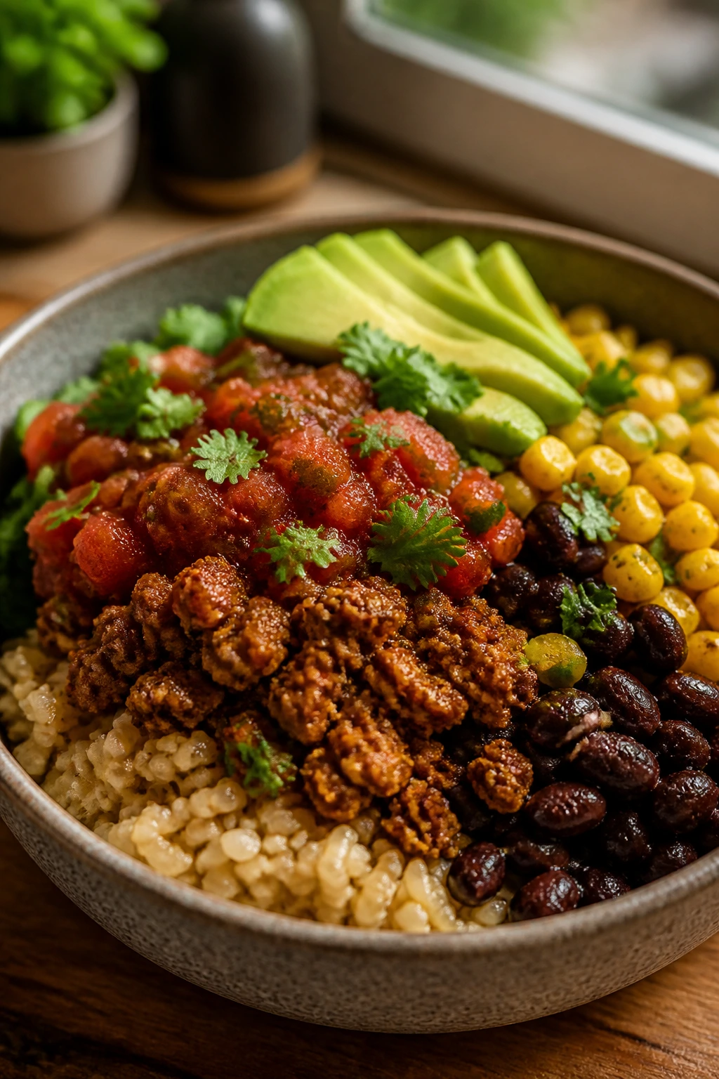 Turkey taco bowl with rice, turkey, beans, corn, salsa and avocado