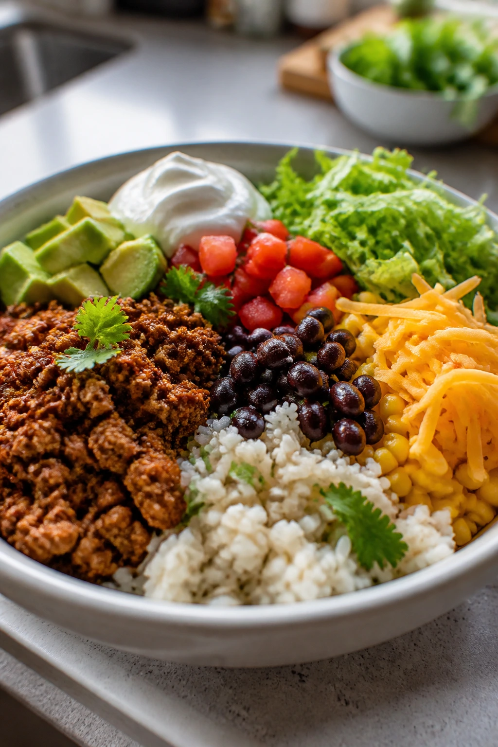 Turkey taco bowl served in a bowl with rice and toppings
