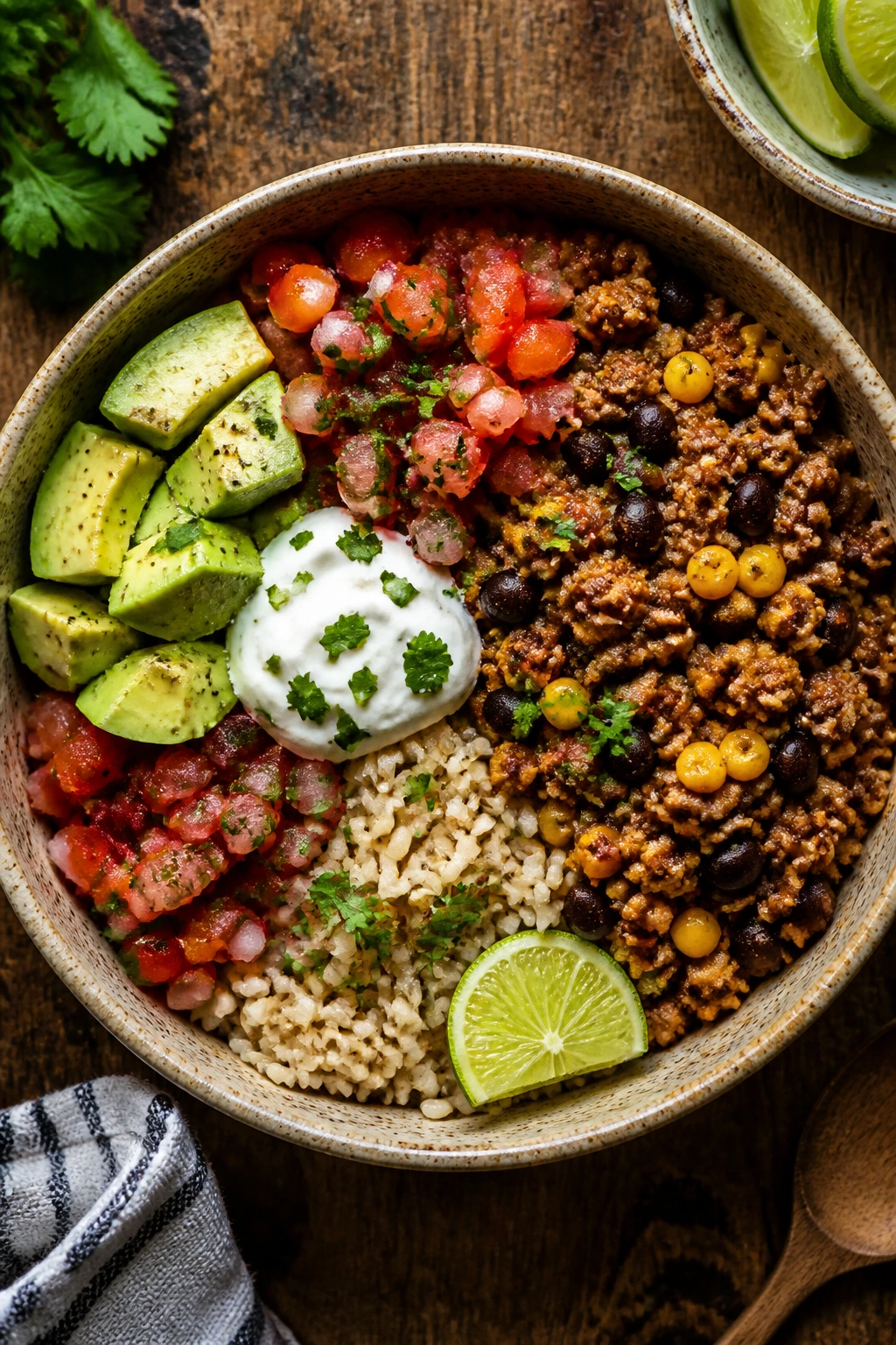 Colorful turkey taco rice bowl with beans and corn