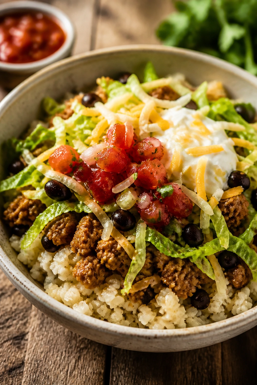 Turkey taco bowls with cauliflower rice and toppings on plate